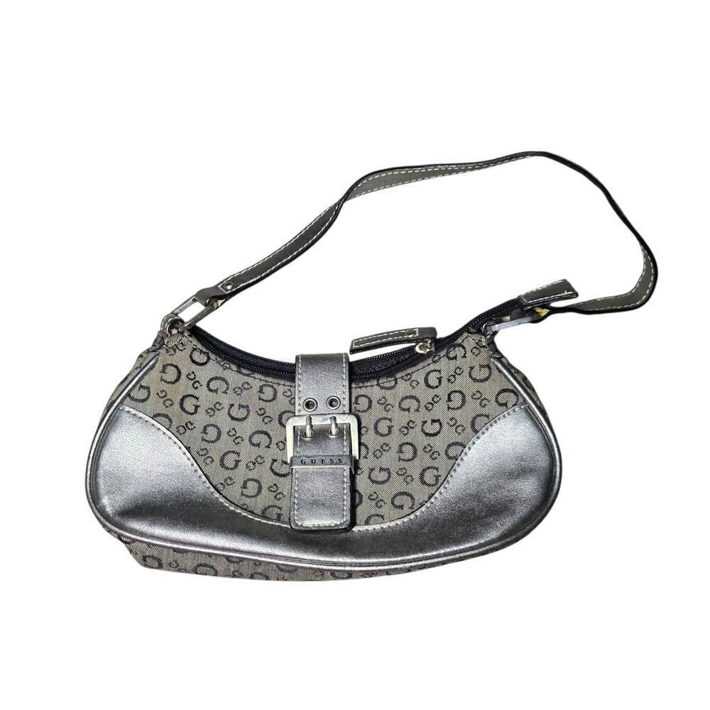 Y2K GUESS Mini Shoulder Bag Grey Monogram Buckle Detail Vintage 2000s McBling